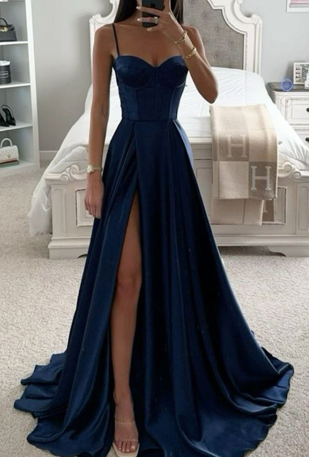 Women Slit Satin Formal Prom Dresses Long Sleeveless Sweetheart Evening Party Gowns YPD990