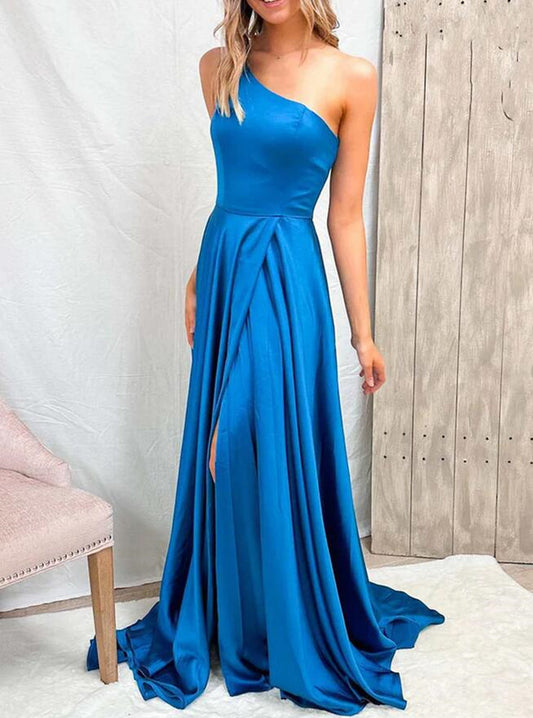 Women One Shoulder Prom Dresses Long Simple Satin Evening Gowns Formal Party Dress YPD395