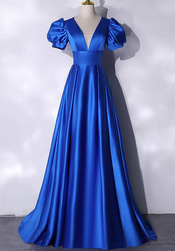 Women Satin Royal Blue Prom Dresses Long V-Neck Evening Gowns Formal Party Dress YPD349