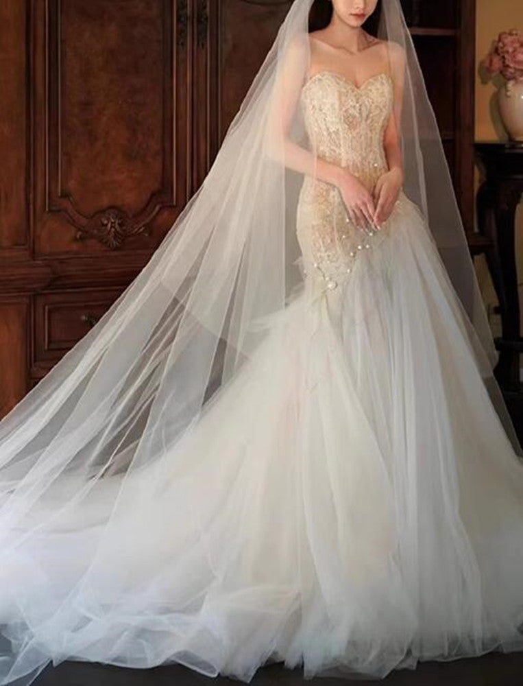Women Mermaid Tulle Wedding Dresses Long Appliques Bridal Gowns YWD056