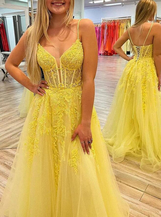 Women Tulle Appliques Prom Dresses Long A-Line Evening Gowns Formal Party Dress YPD399