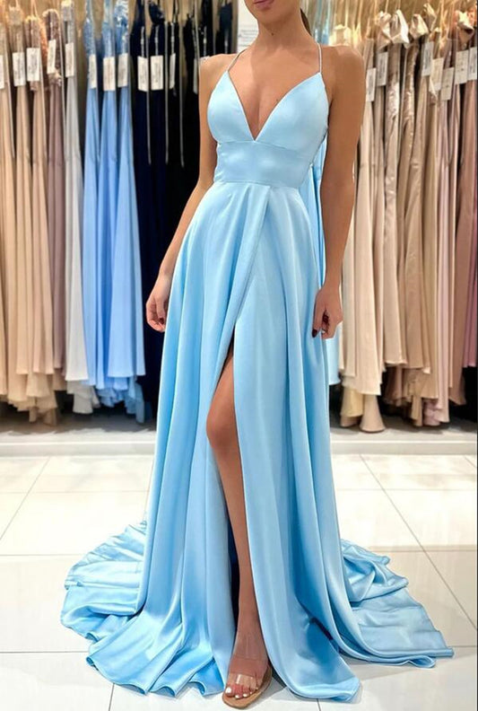 Women V-Neck Blue Prom Dresses Long Side Slit Evening Gowns Formal Party Dress YPD309