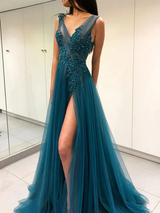 Women Appliques Prom Dresses Long Side Slit Evening Gowns Formal Party Dress YPD312