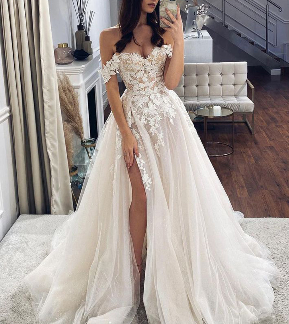 Women Side Slit Wedding Dresses Off Shoulder Appliques Bridal Gowns YWD245