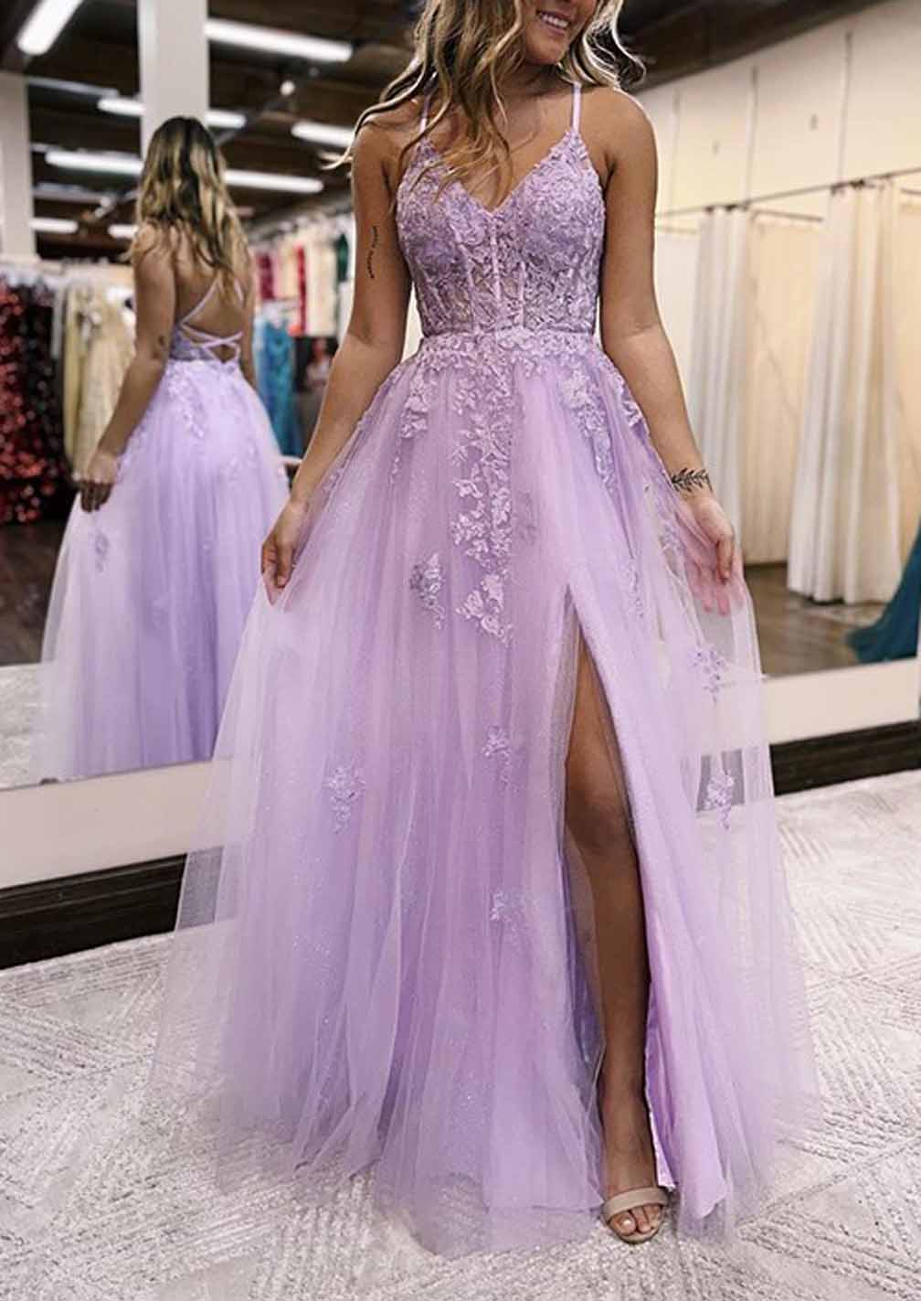 Women A-Line Appliques Prom Dresses Long V-Neck Evening Gowns Formal Party Dress YPD572