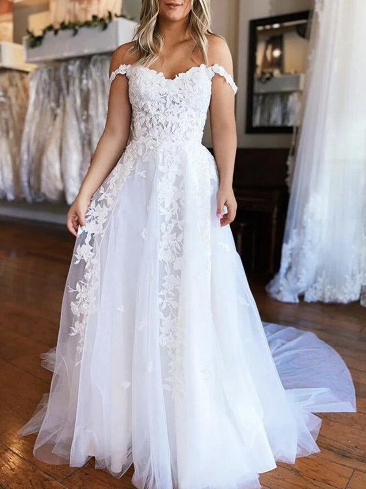 Women Lace Appliques Wedding Dresses Long Off Shoulder Bridal Gowns YWD088