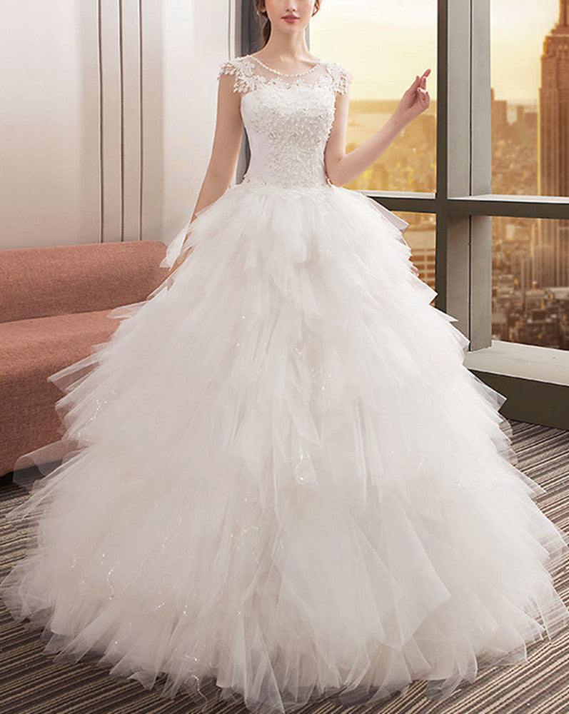 Women Tulle Beadings Wedding Dresses Long Princess Bridal Gowns YWD032