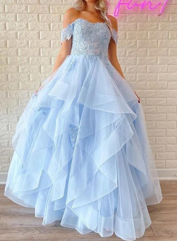 Women Light Blue Appliques Prom Dresses Long Cute A-Line Evening Gowns Formal Party Dress YPD400