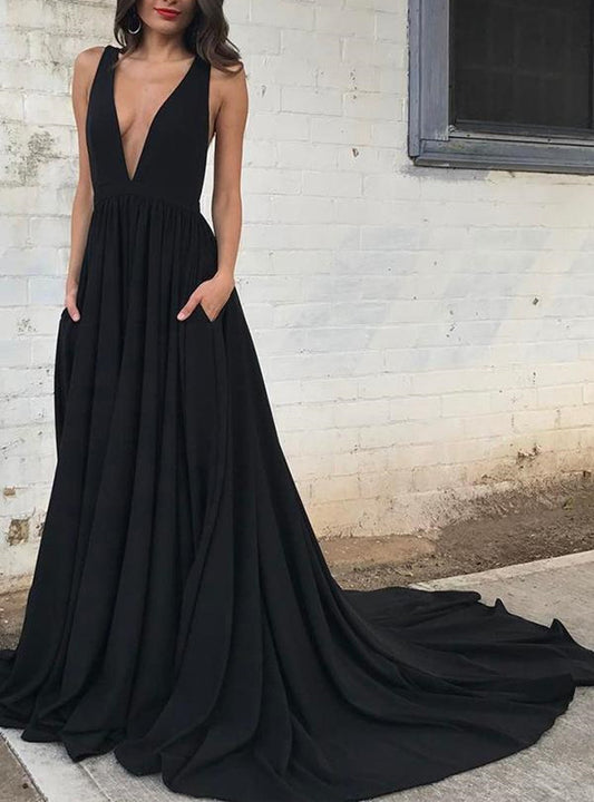 Women Simple V-Neck Prom Dresses Long Black Evening Gowns Formal Party Dress YPD340
