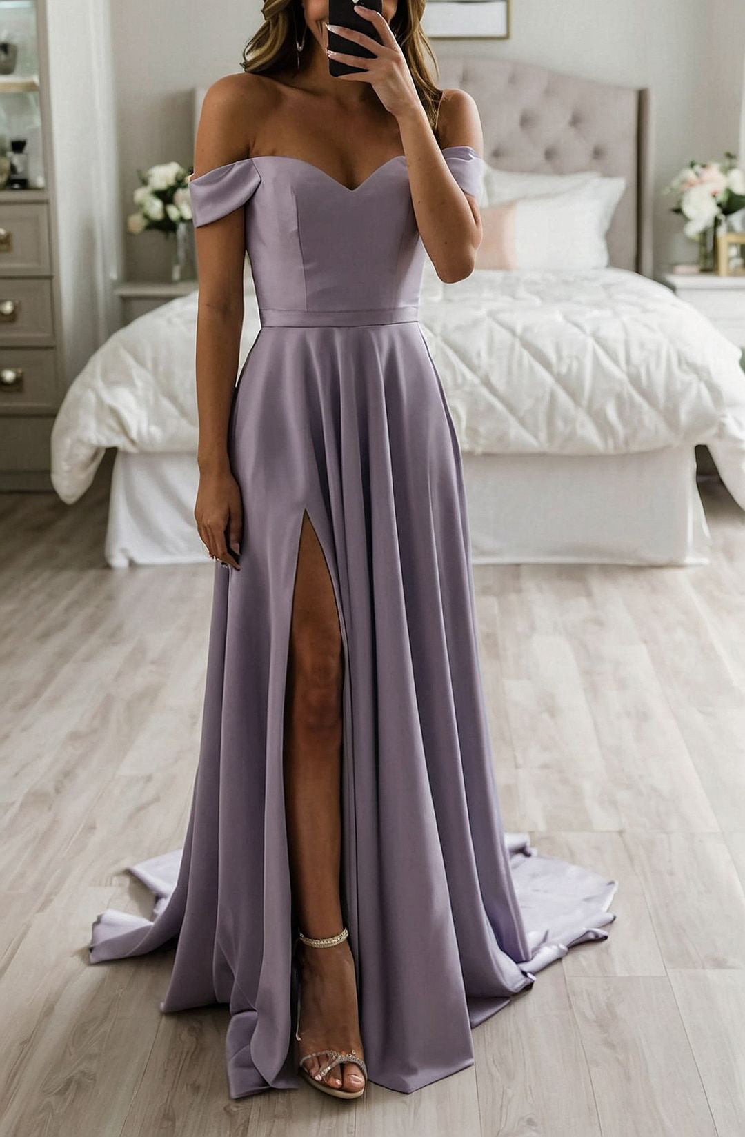 Women Off the Shoulder Slit Bridesmaid Dresses Long V-Neck Wedding Party Gowns YBD066