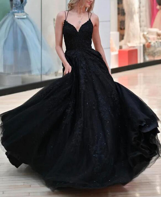 Women Black Appliques Prom Dresses Long A-Line Evening Gowns Formal Party Dress YPD306
