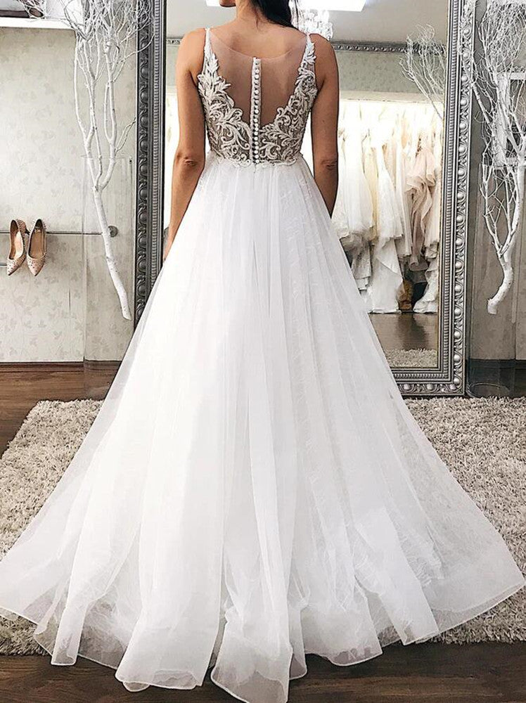 Women Lace Appliques Wedding Dresses Long V-Neck Bridal Gowns YWD089