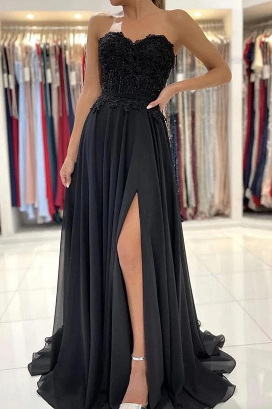 Women Black Chiffon Lace Prom Dresses Long Strapless Evening Gowns Formal Party Dress YPD417