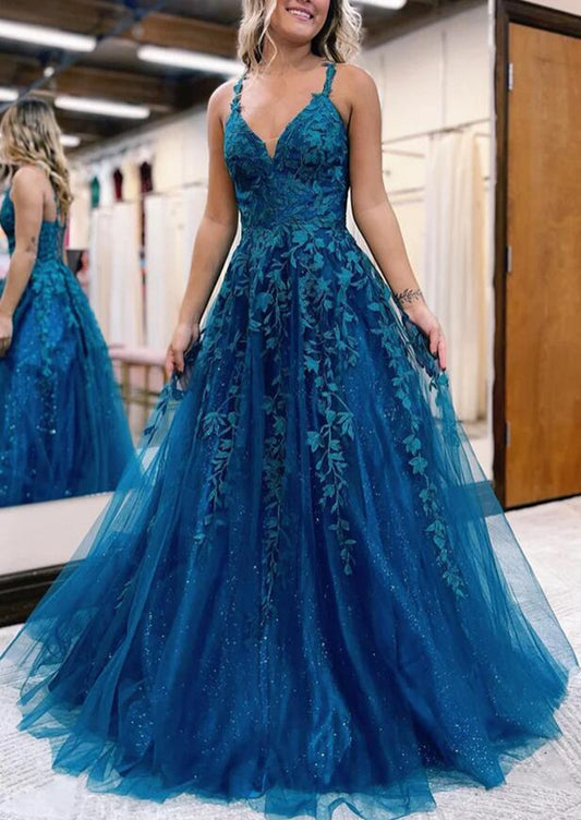 Women Tulle Appliques Prom Dresses Long A-Line Evening Gowns Formal Party Dress YPD345