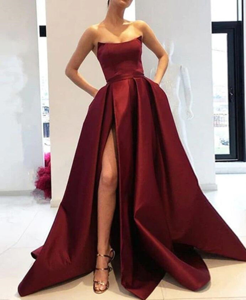 Women Satin Prom Dresses Long Side Slit Evening Gowns Formal Party Dress YPD327