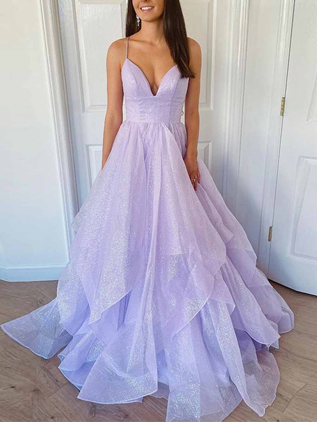 Women A-Line Ruffles Prom Dresses Long V-Neck Evening Gowns Formal Party Dress YPD580