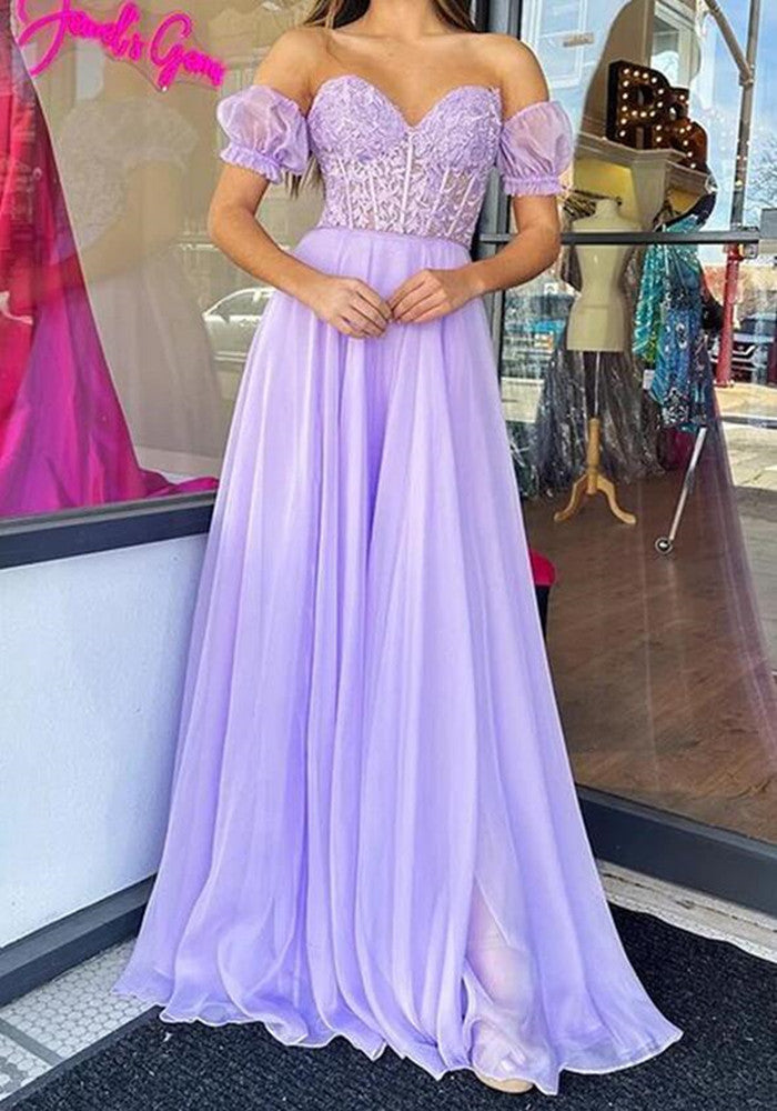 Women Lilac Chiffon Appliques Prom Dresses Long A-Line Evening Gowns Formal Party Dress YPD394