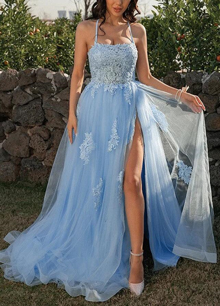 Women Tulle Appliques Prom Dresses Long Light Blue Evening Gowns Formal Party Dress YPD409