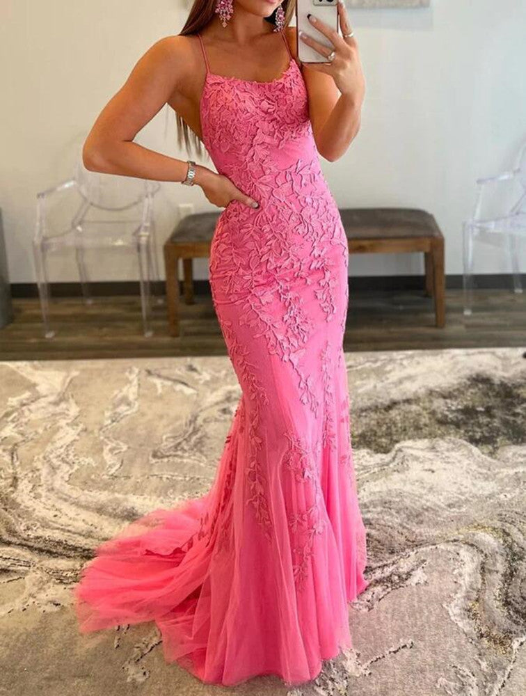 Women Tulle Appliques Prom Dresses Long Hot Pink Evening Gowns Formal Party Dress YPD415