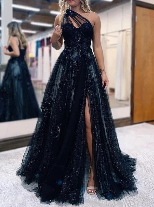 Women Side Slit Prom Dresses Long Black Appliques Evening Gowns Formal Party Dress YPD330