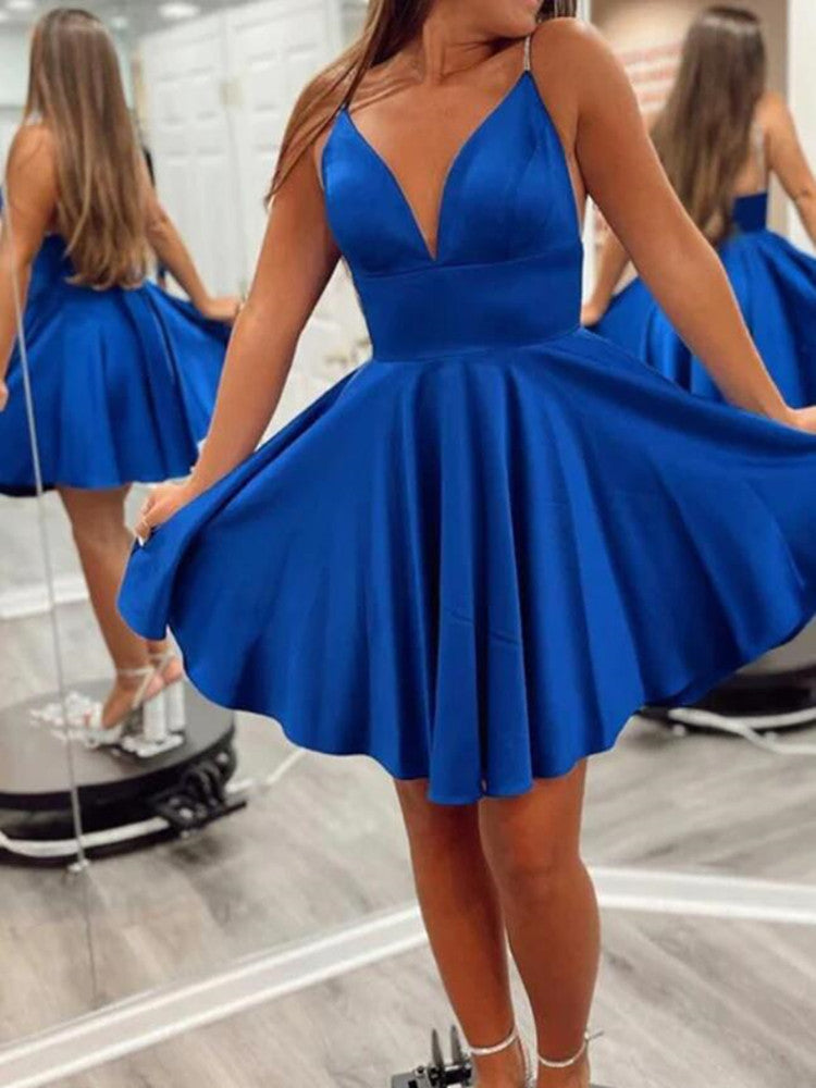 Women Satin Prom Dresses Short Cocktail Gowns Girls V-Neck Homecoming Dresses Short Graduation Dress YHD242