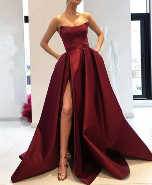 Women Satin Prom Dresses Long Side Slit Evening Gowns Formal Party Dress YPD327