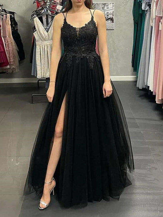 Women Black Tulle Appliques Prom Dresses Long Backless Evening Gowns Formal Party Dress YPD398