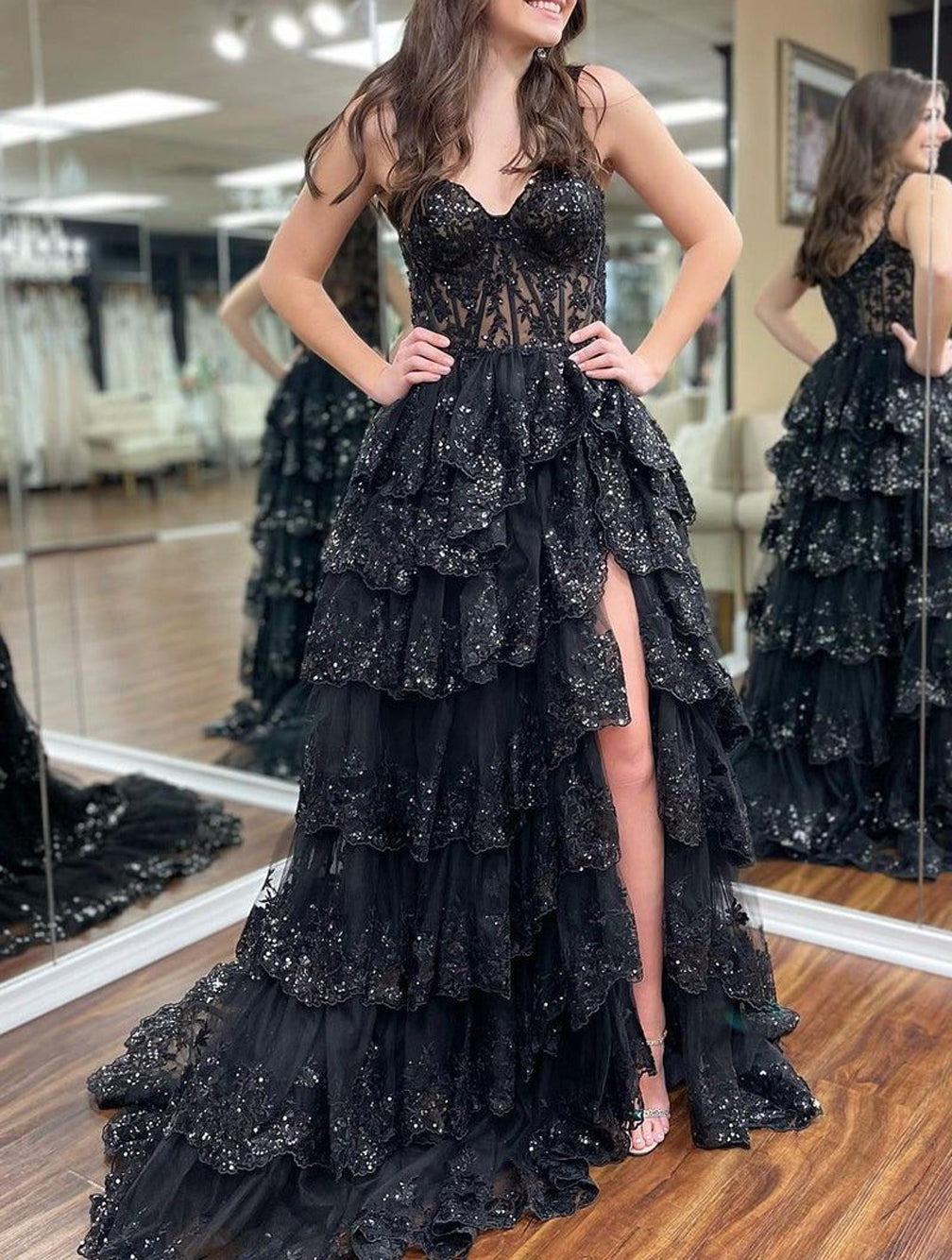 Women Sweetheart Lace Prom Dresses Long Appliques Evening Gowns Side Slit Formal Party Dress YPD885