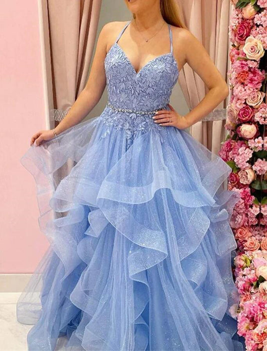Women Light Blue Lace Prom Dresses Long A-Line Evening Gowns Formal Party Dress YPD416