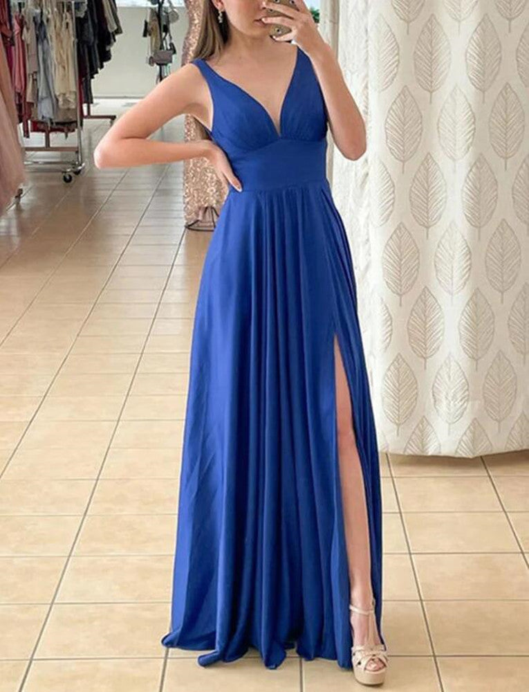 Women Simple Royal Blue Prom Dresses Long Side Slit Evening Gowns Formal Party Dress YPD411