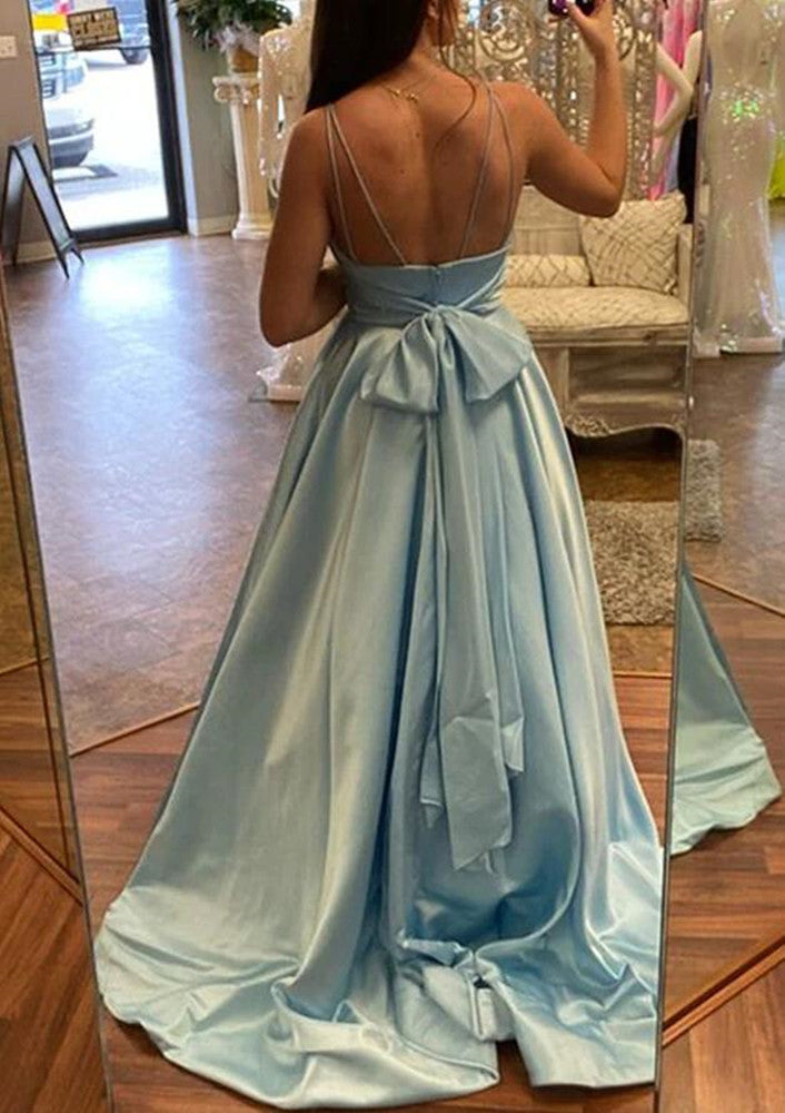 Women Blue Satin Prom Dresses Long A-Line Evening Gowns Formal Party Dress YPD372
