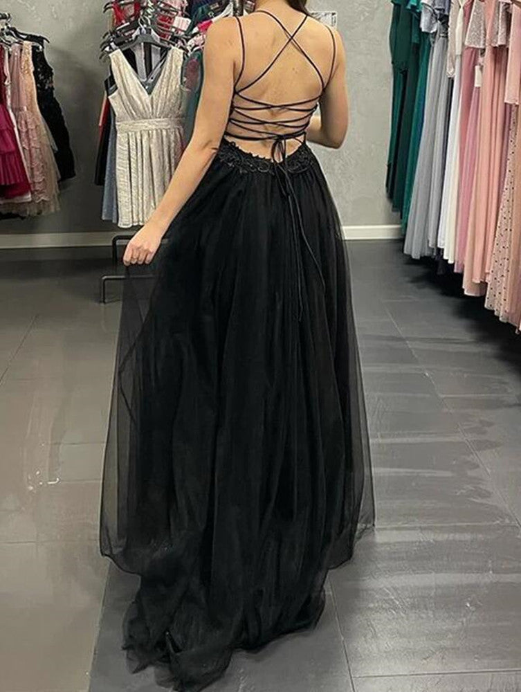 Women Black Tulle Appliques Prom Dresses Long Backless Evening Gowns Formal Party Dress YPD398
