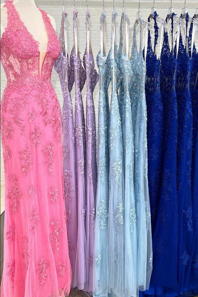 Women Halter V-Neck Prom Dresses Long Mermaid Appliques Evening Gowns Formal Party Dress YPD382