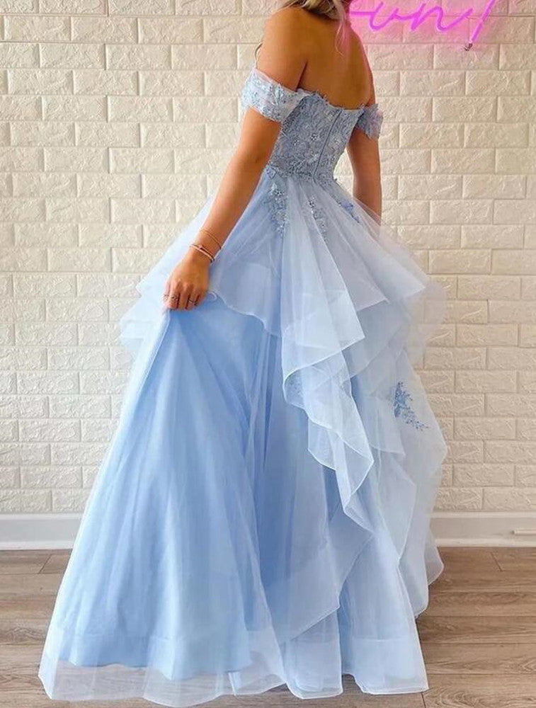 Women Light Blue Appliques Prom Dresses Long Cute A-Line Evening Gowns Formal Party Dress YPD400