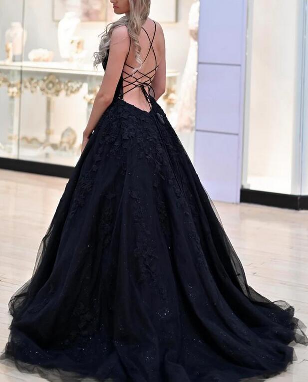 Women Black Appliques Prom Dresses Long A-Line Evening Gowns Formal Party Dress YPD306