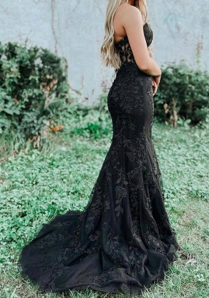 Women Black Appliques Prom Dresses Long Mermaid Evening Gowns Formal Party Dress YPD354