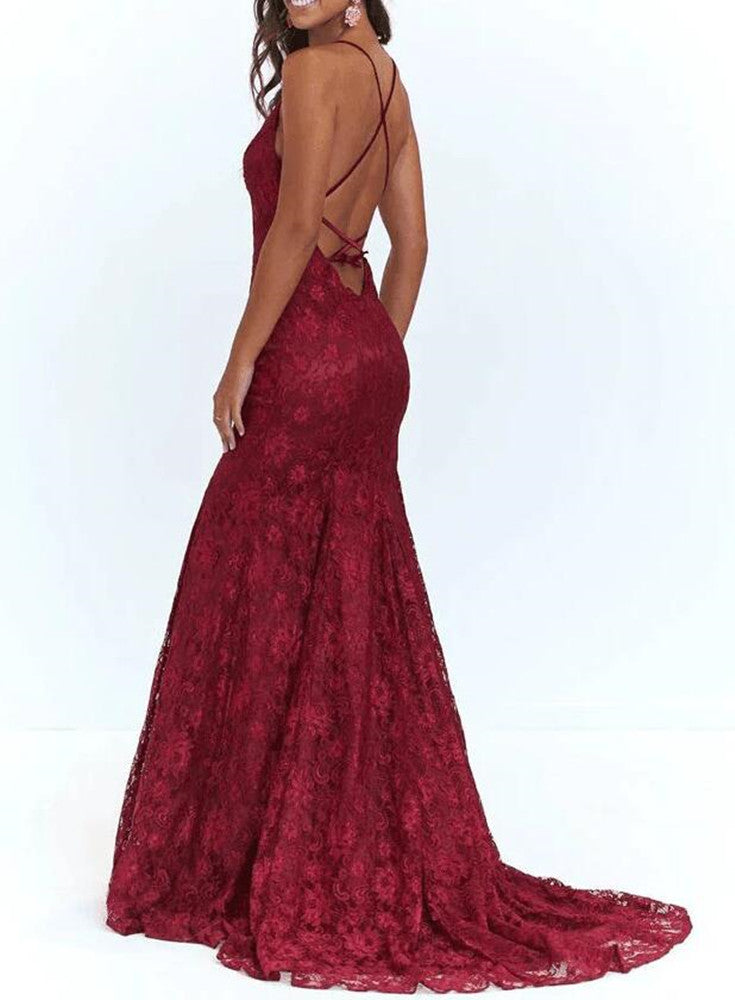 Women Buegundy Lace Prom Dresses Long Mermaid Evening Gowns Formal Party Dress YPD337