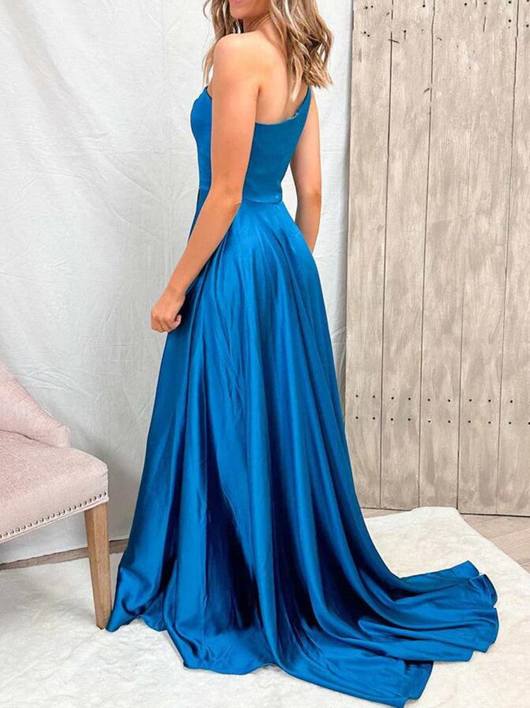 Women One Shoulder Prom Dresses Long Simple Satin Evening Gowns Formal Party Dress YPD395