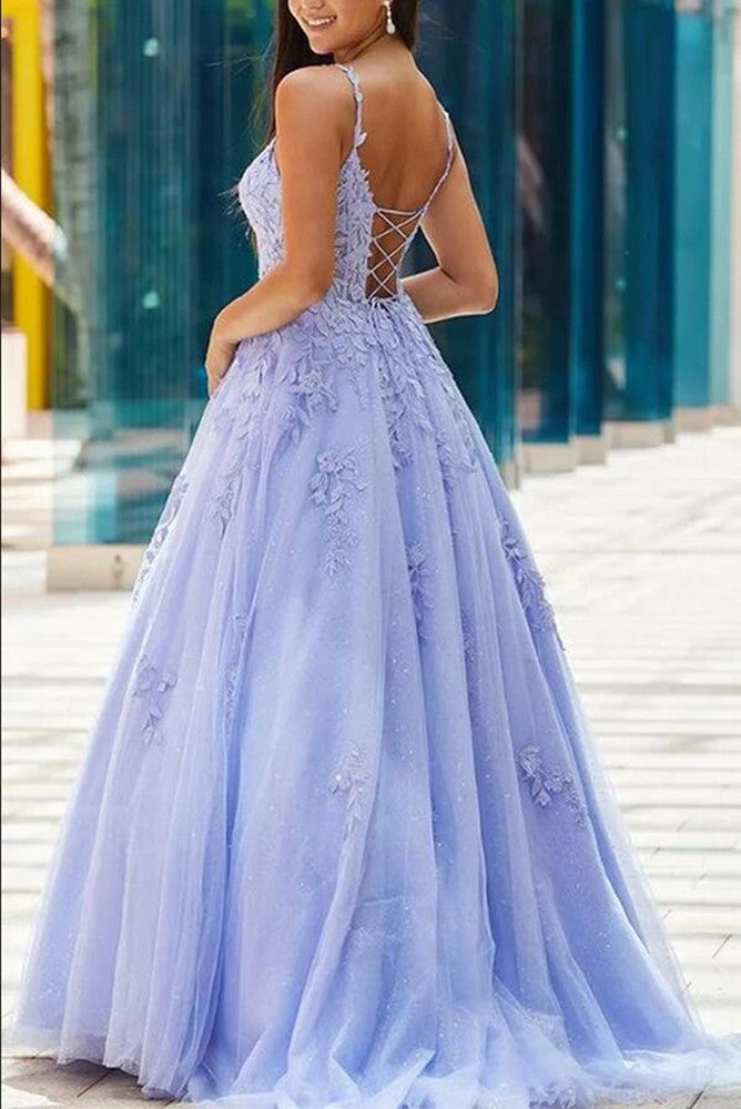 Women Tulle Appliques Prom Dresses Long Open Back Evening Gowns Formal Party Dress YPD369