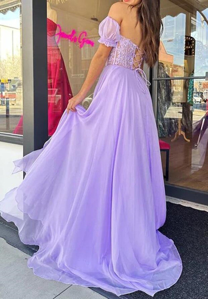 Women Lilac Chiffon Appliques Prom Dresses Long A-Line Evening Gowns Formal Party Dress YPD394