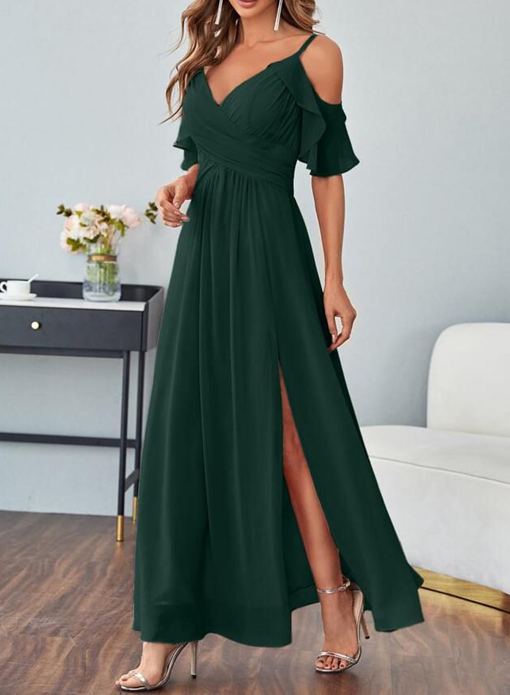 Women Slit Chiffon Bridesmaid Dresses Long V-Neck Wedding Party Gowns YBD056