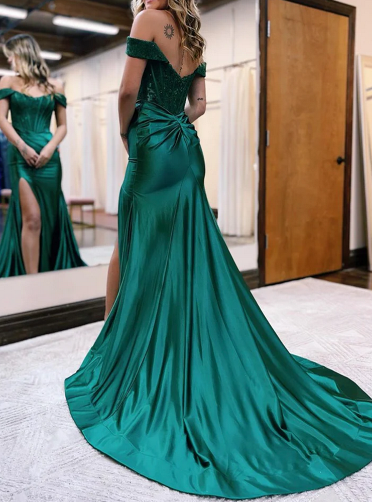 Women Mermaid Satin Lace Prom Dresses Long Off the Shoulder Evening Party Dress YPD011