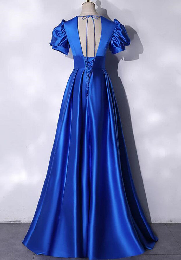 Women Satin Royal Blue Prom Dresses Long V-Neck Evening Gowns Formal Party Dress YPD349