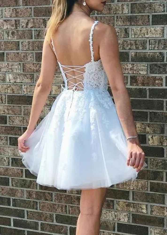 Women Lace Appliques Prom Dresses Short Cocktail Gowns Girls V-Neck Homecoming Dresses Short Graduation Dress YHD252