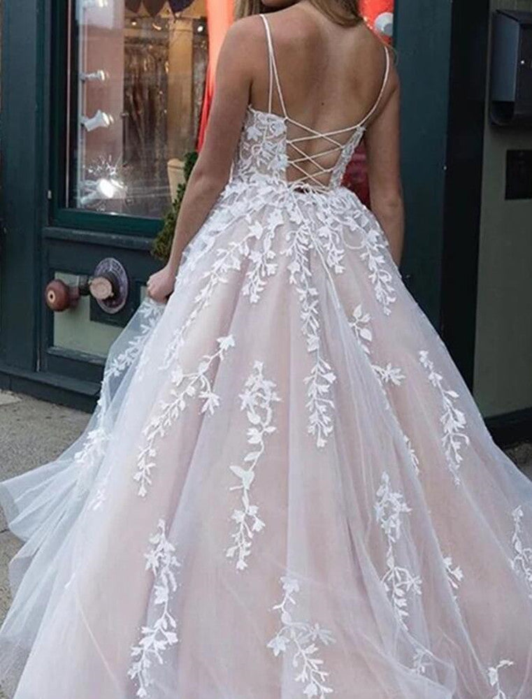 Women Lace Appliques Wedding Dresses Long Backless Bridal Gowns YWD099