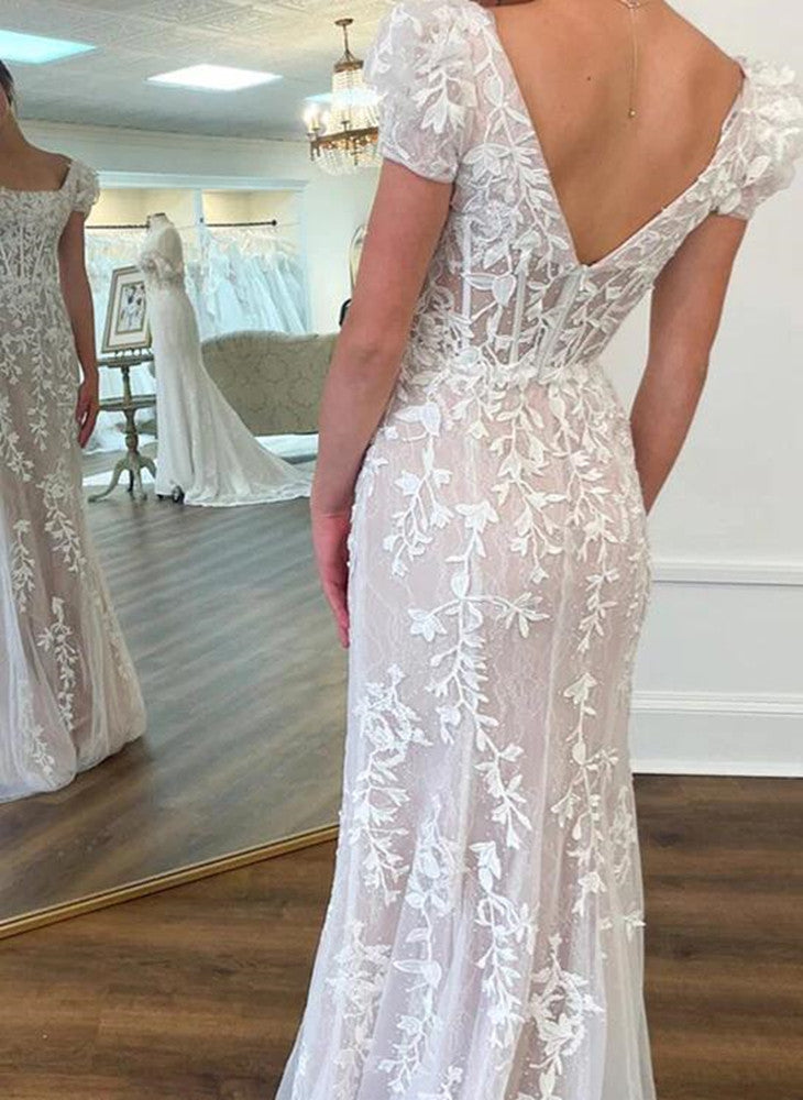 Women Tulle Appliques Prom Dresses Long Cap Sleeves Evening Gowns Formal Party Dress YPD371