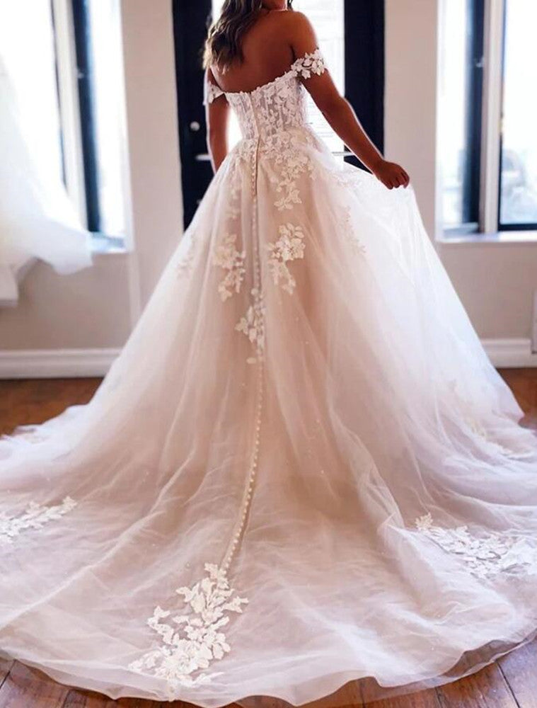 Women Lace Appliques Wedding Dresses Long Off the Shoulder Bridal Gowns YWD091