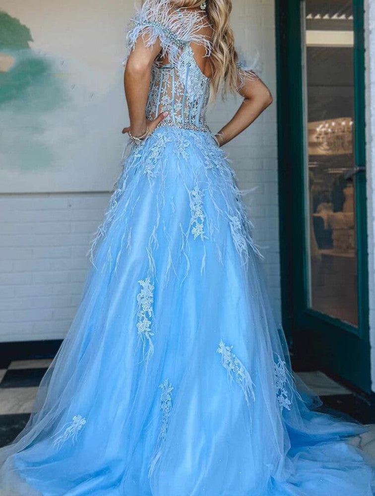 Women Blue Appliques Prom Dresses Long Off Shoulder Evening Gowns Formal Party Dress YPD381
