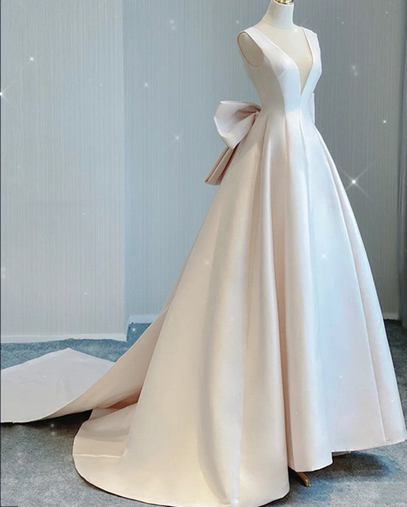 Women V-Neck Satin Wedding Dresses Long A-Line Bridal Gowns YWD057
