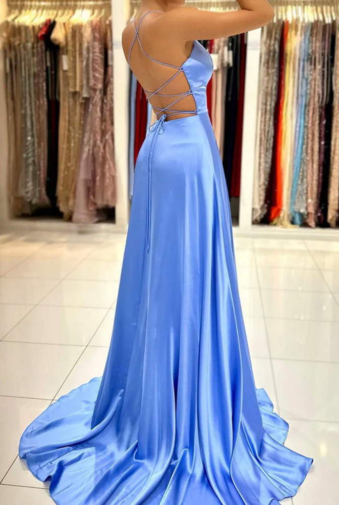 Women Satin Slit Prom Dresses Long V-Neck Evening Party Dress YPD017